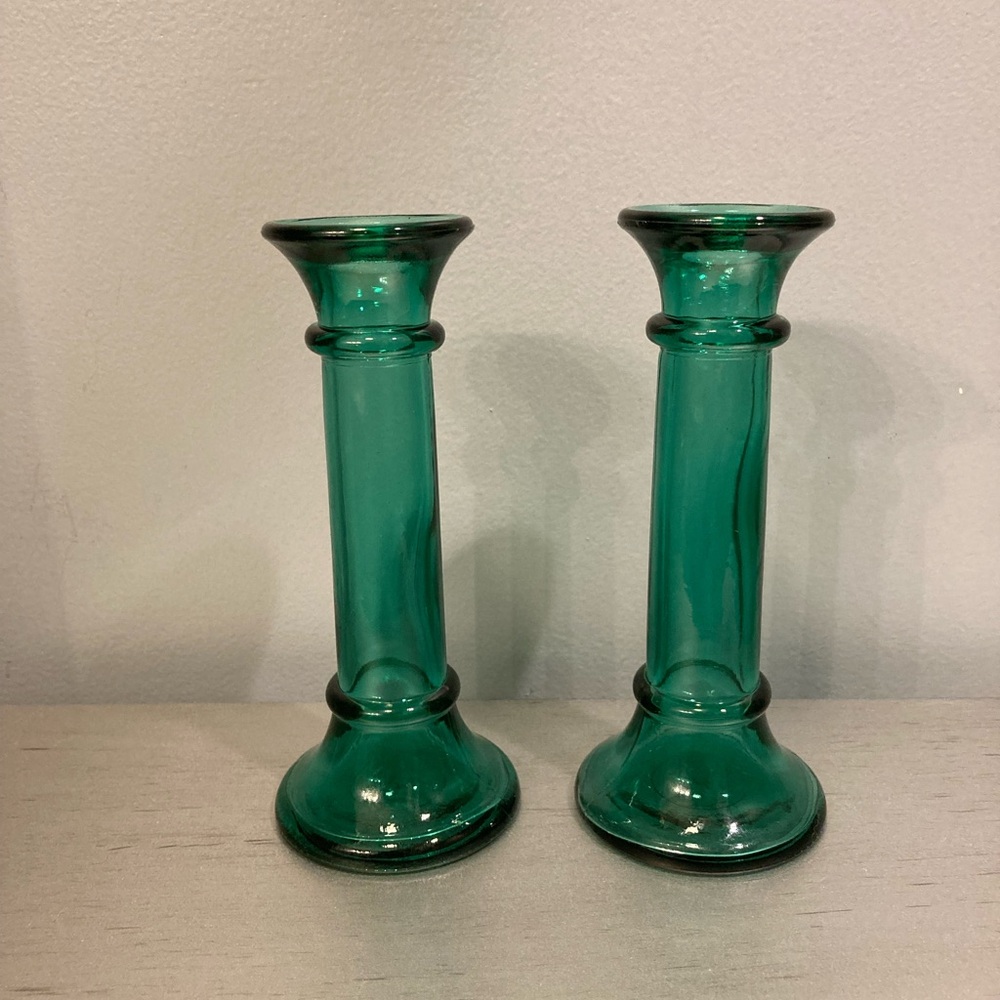 Vintage pair of green glass bud vase / taper candle holder